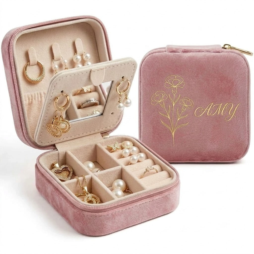 Personalized Birth Flower Velvet Jewelry Box – Custom Name Travel Jewelry Case for Women