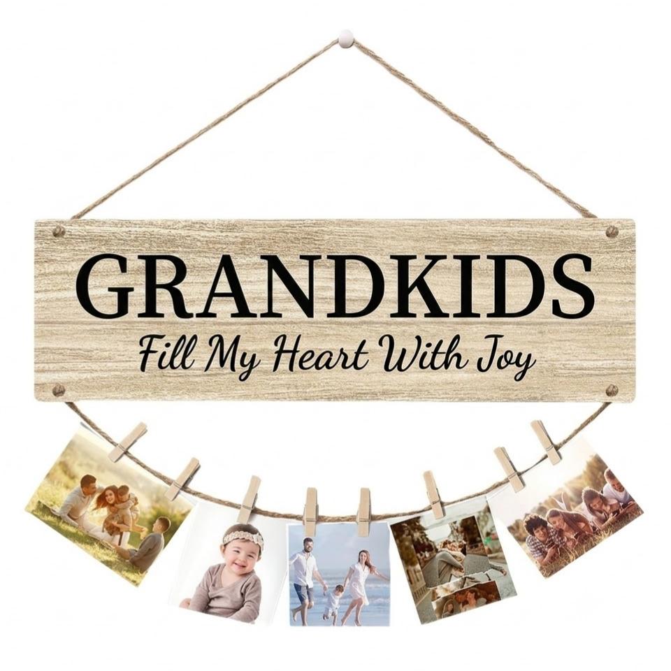 Personalized Hanging Photo Display – Custom Wooden Sign with 8 Clips