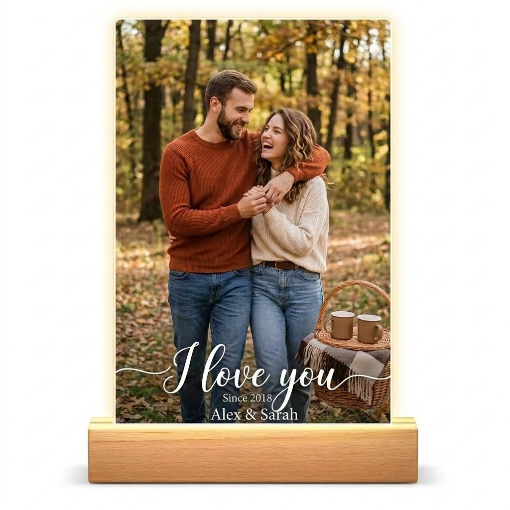 Personalized Acrylic Photo Night Light with Wooden LED Base