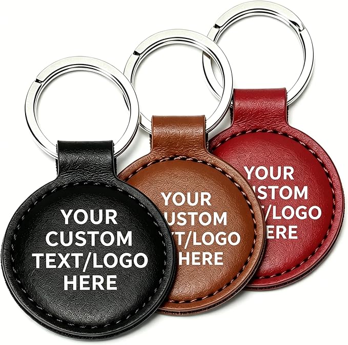 Personalized Leather Keychain Set of 3 – Custom Text, Logo or Photo with Gift Box