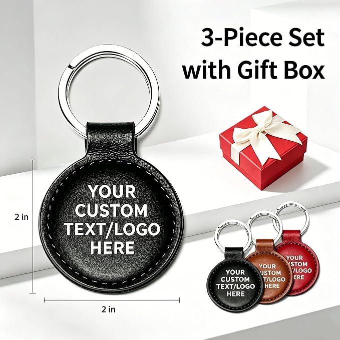 Personalized Leather Keychain Set of 3 – Custom Text, Logo or Photo with Gift Box