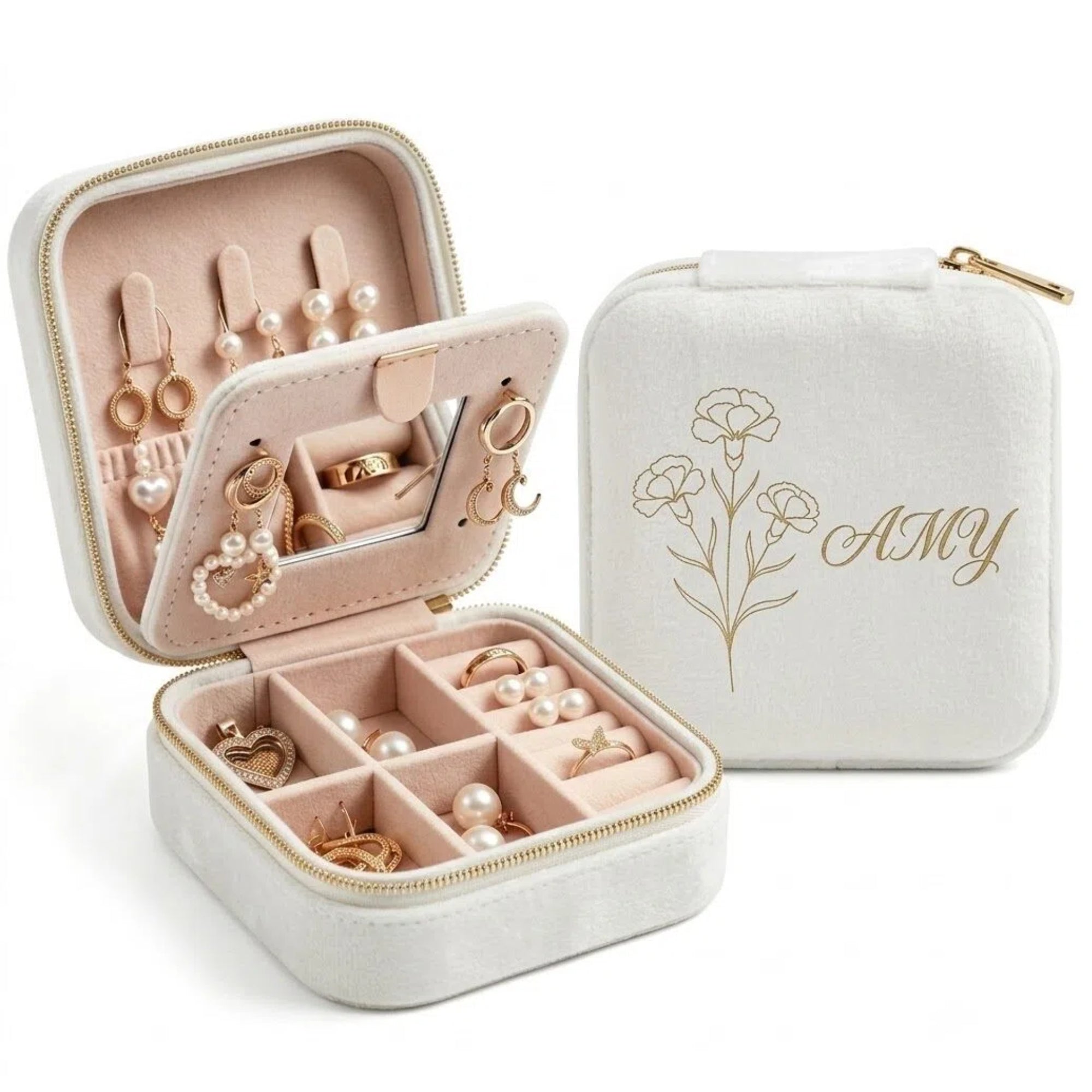 Personalized Birth Flower Velvet Jewelry Box – Custom Name Travel Jewelry Case for Women