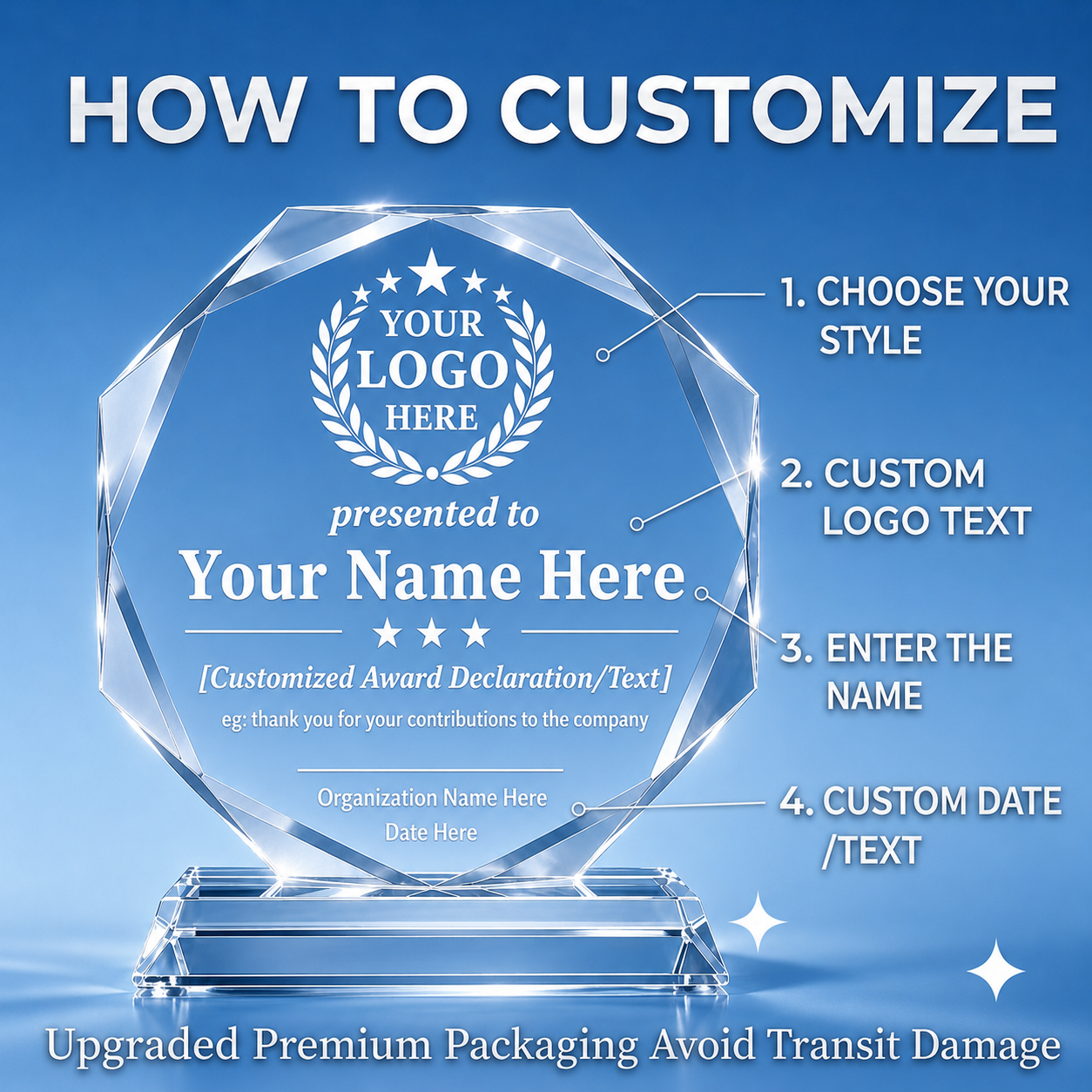 Personalized Octagon Crystal Award – 4 Custom Text Designs with Gift Box