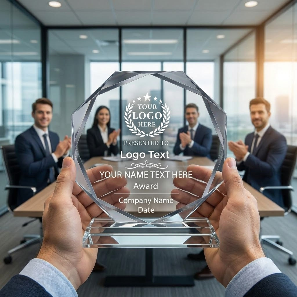 Personalized Octagon Crystal Award – 4 Custom Text Designs with Gift Box