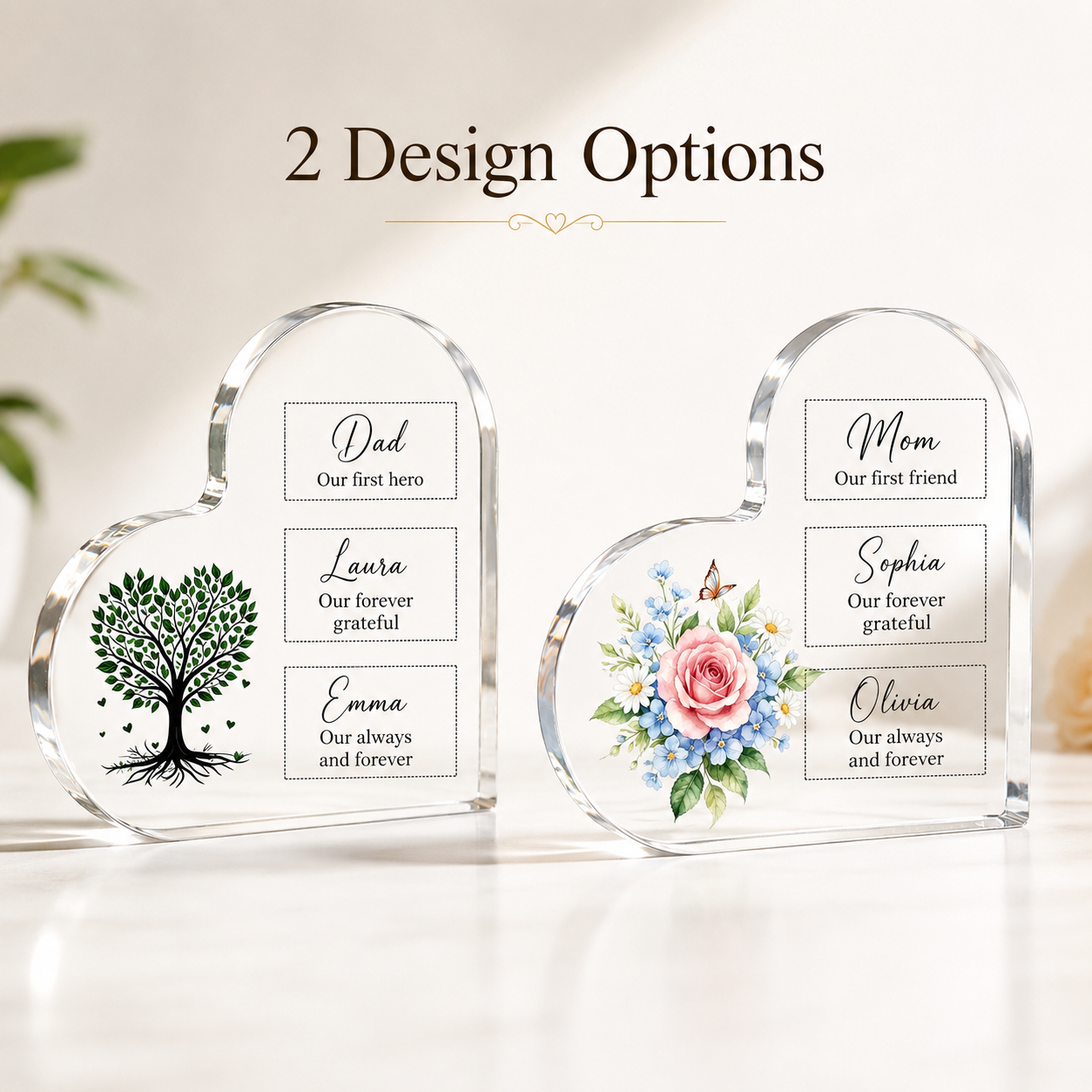 Personalized Heart Acrylic Plaque – Custom Text Family Tree or Floral Gift