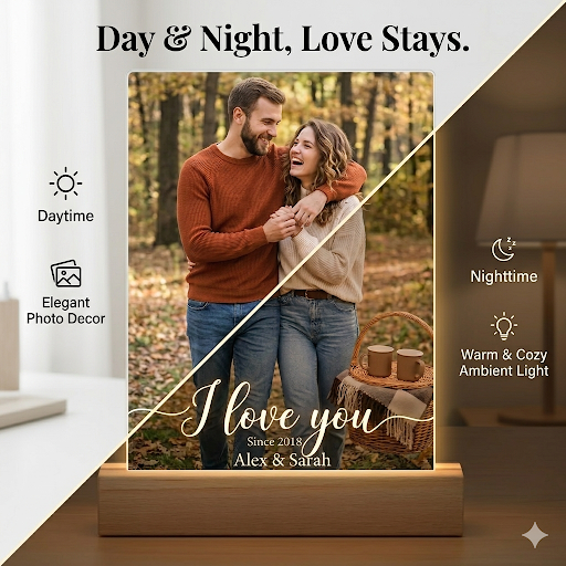 Personalized Acrylic Photo Night Light with Wooden LED Base