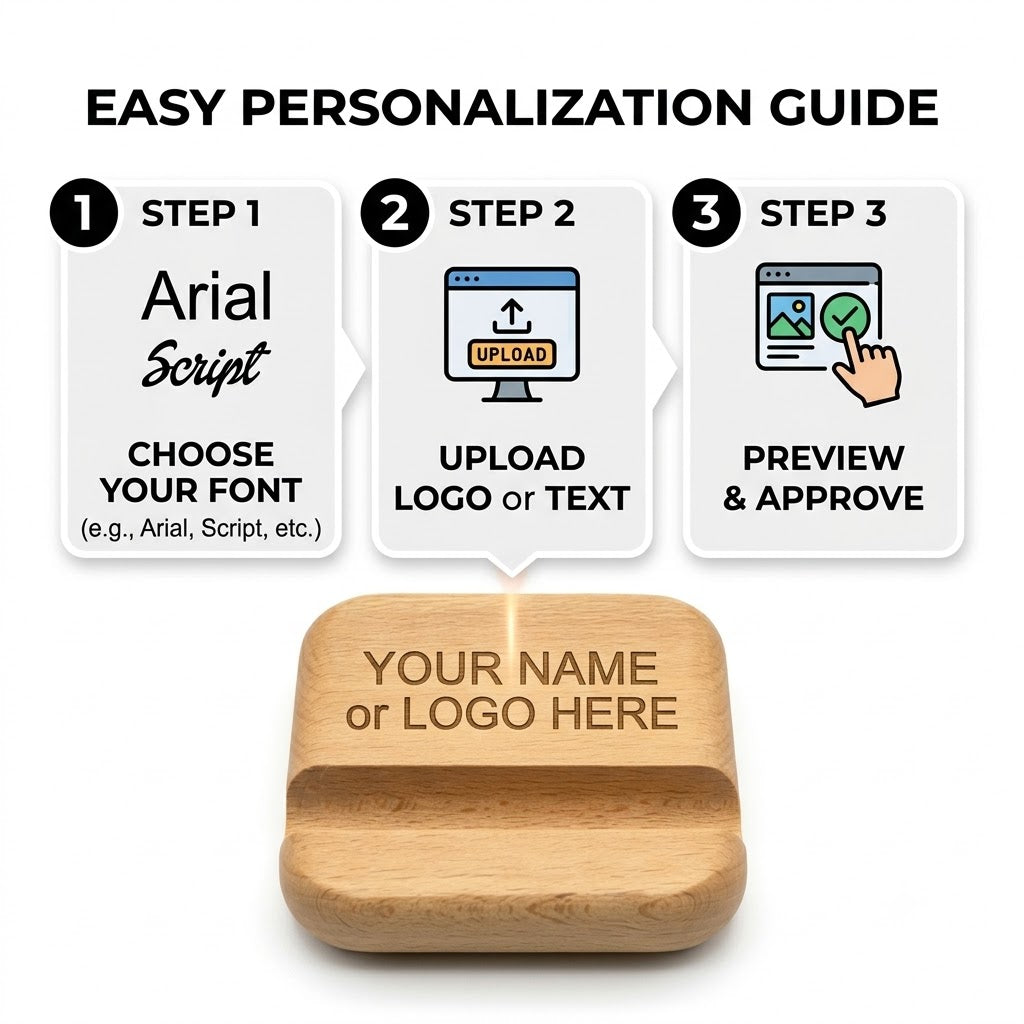 Personalized Wooden Phone Stand – Custom Logo or Text Desk Holder