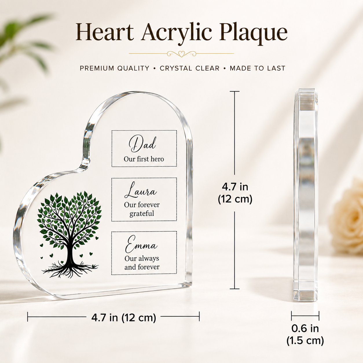 Personalized Heart Acrylic Plaque – Custom Text Family Tree or Floral Gift