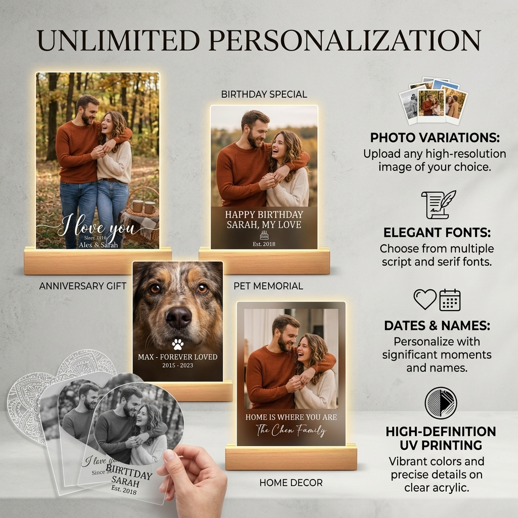 Personalized Acrylic Photo Night Light with Wooden LED Base