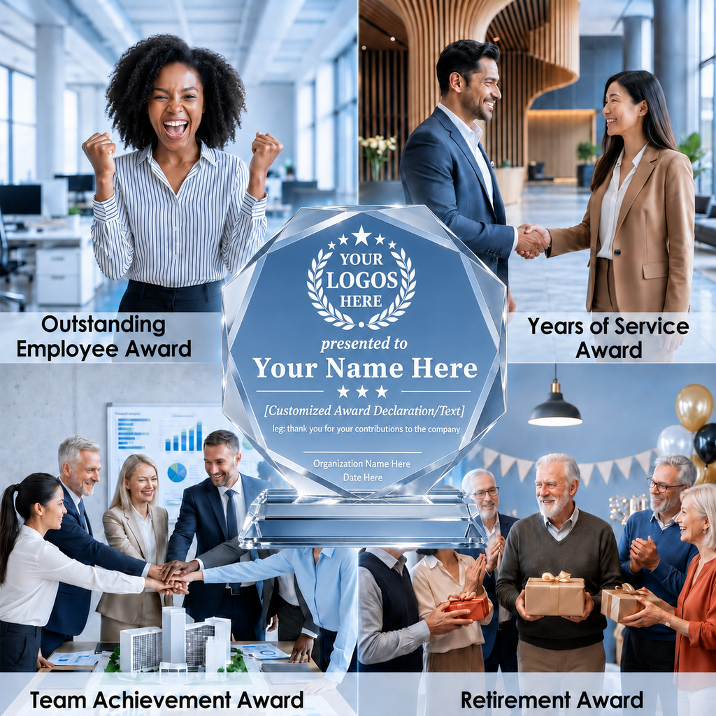 Personalized Octagon Crystal Award – 4 Custom Text Designs with Gift Box