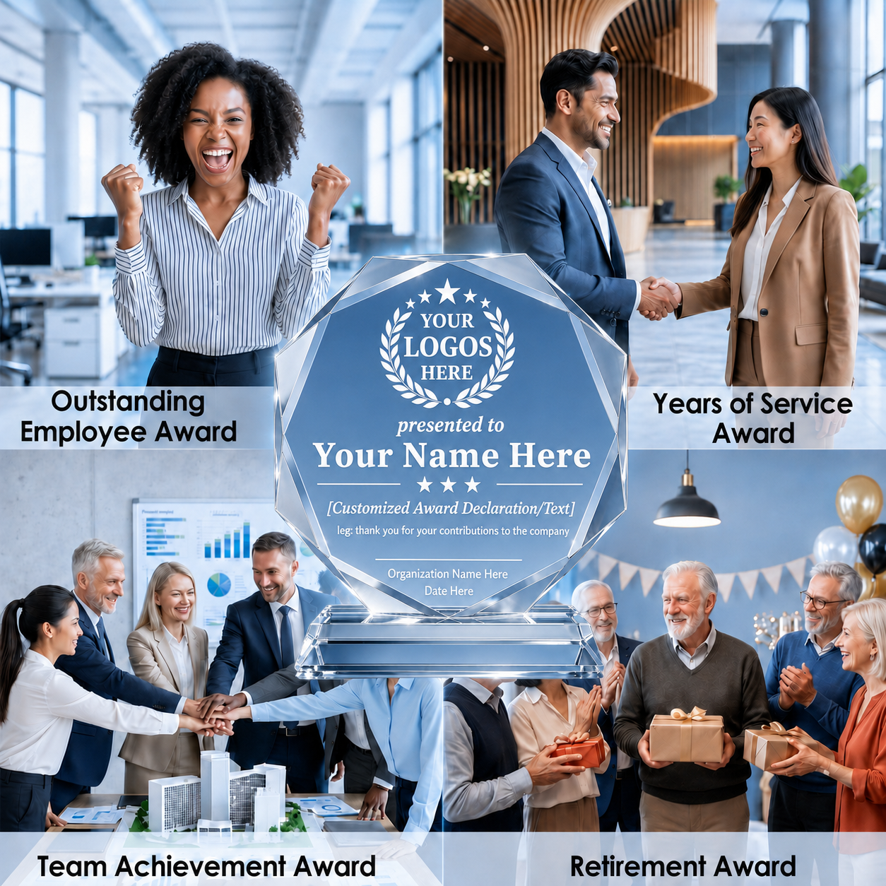 Personalized Octagon Crystal Award – 4 Custom Text Designs with Gift Box