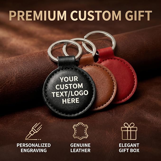 Personalized Leather Keychain Set of 3 – Custom Text, Logo or Photo with Gift Box