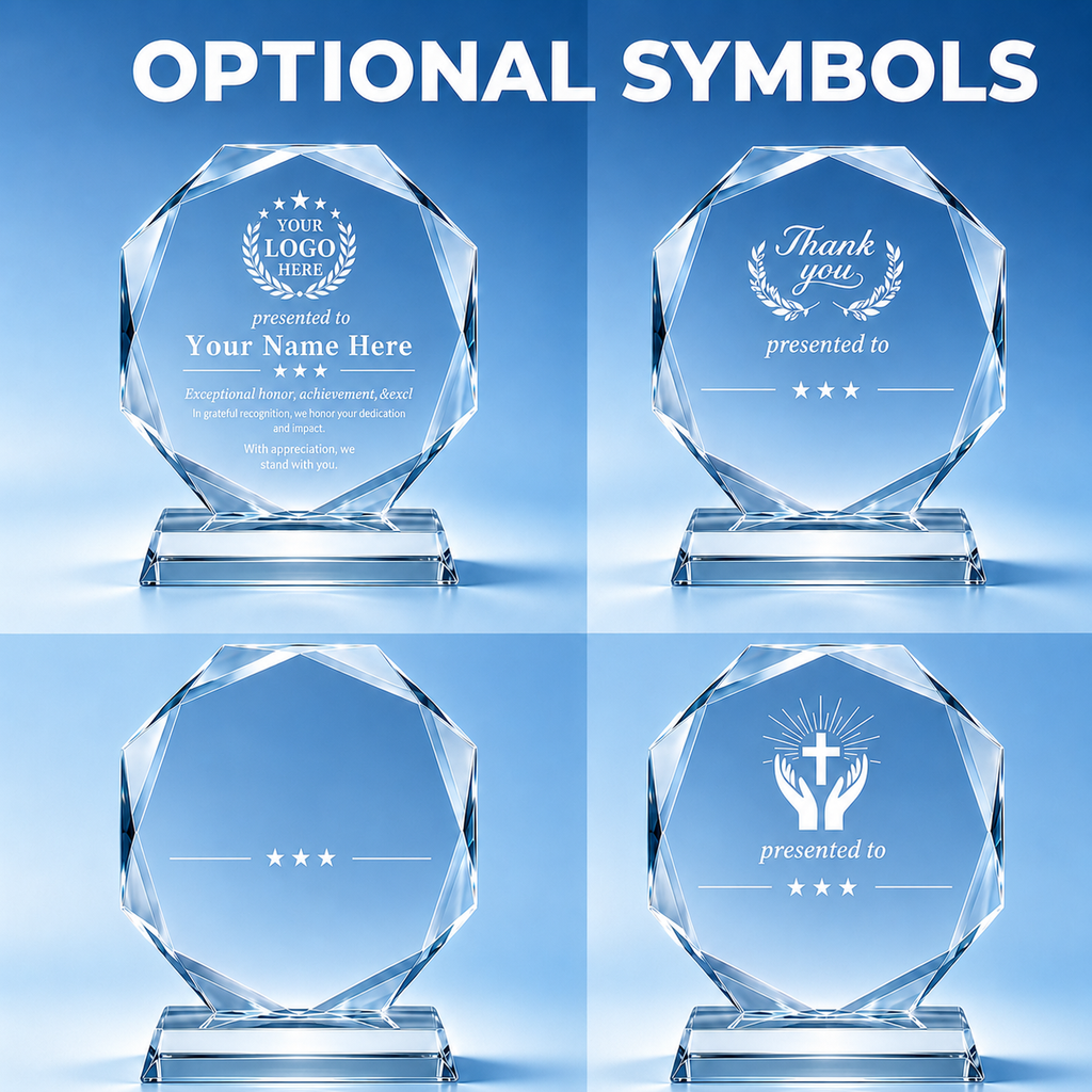Personalized Octagon Crystal Award – 4 Custom Text Designs with Gift Box