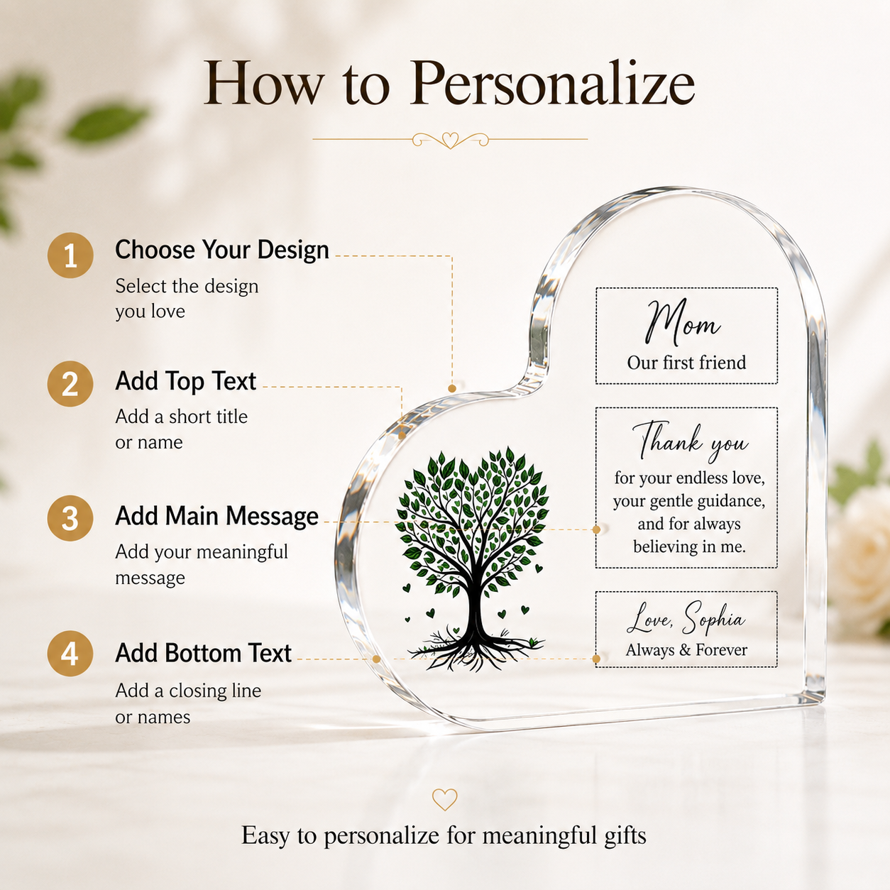 Personalized Heart Acrylic Plaque – Custom Text Family Tree or Floral Gift