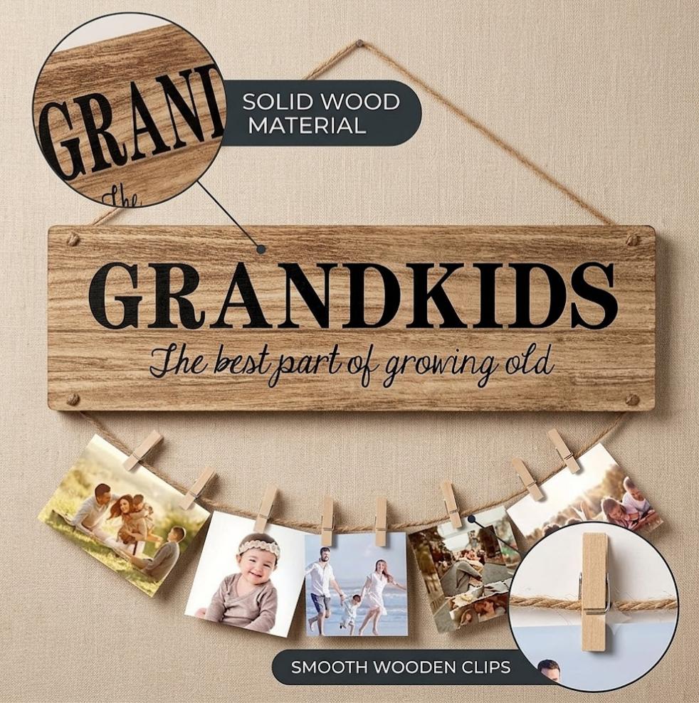Personalized Hanging Photo Display – Custom Wooden Sign with 8 Clips