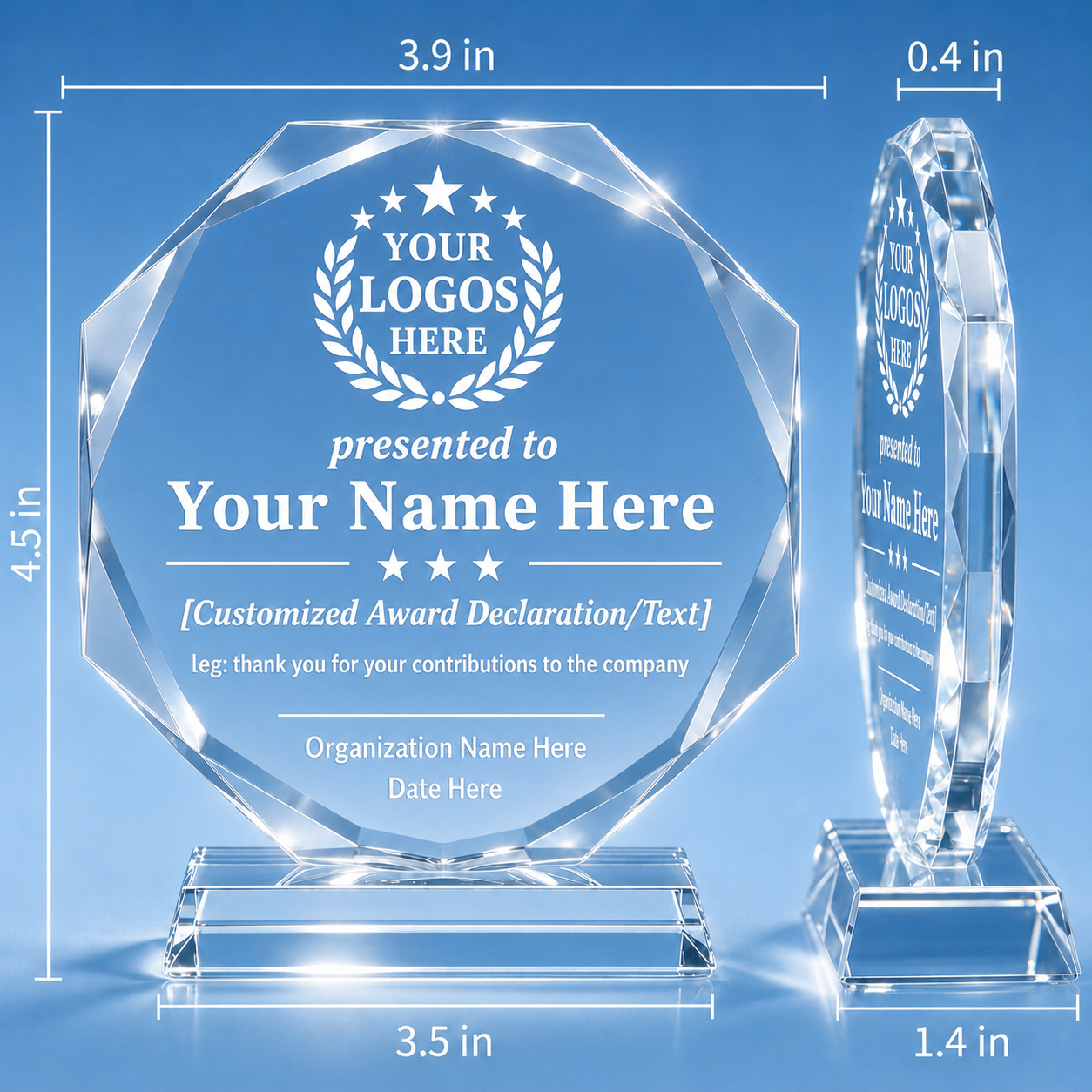 Personalized Octagon Crystal Award – 4 Custom Text Designs with Gift Box