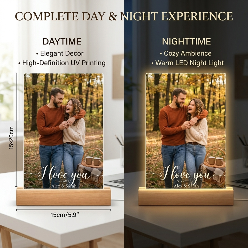 Personalized Acrylic Photo Night Light with Wooden LED Base