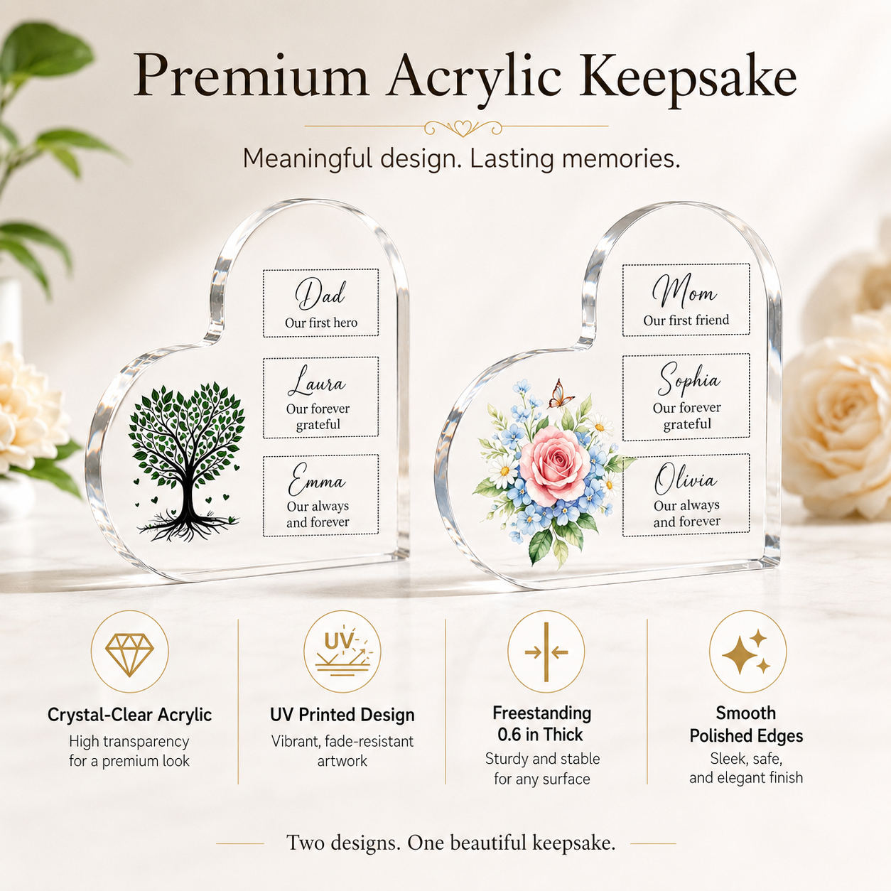 Personalized Heart Acrylic Plaque – Custom Text Family Tree or Floral Gift