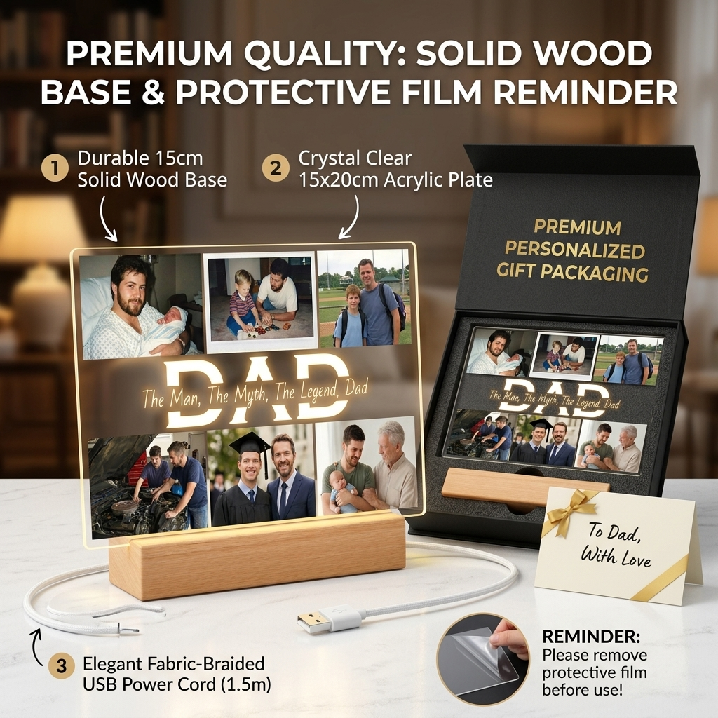 Personalized Acrylic Photo Night Light with Wooden LED Base