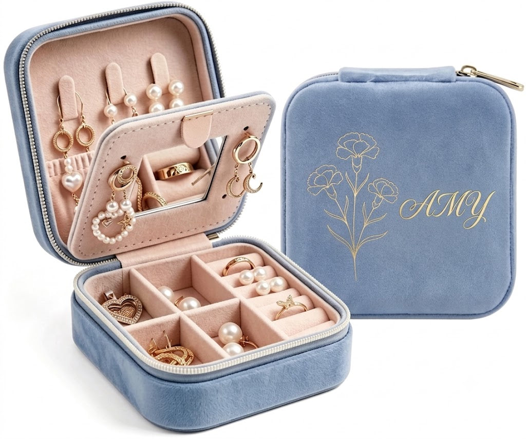 Personalized Birth Flower Velvet Jewelry Box – Custom Name Travel Jewelry Case for Women