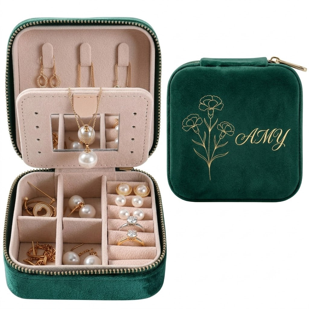 Personalized Birth Flower Velvet Jewelry Box – Custom Name Travel Jewelry Case for Women