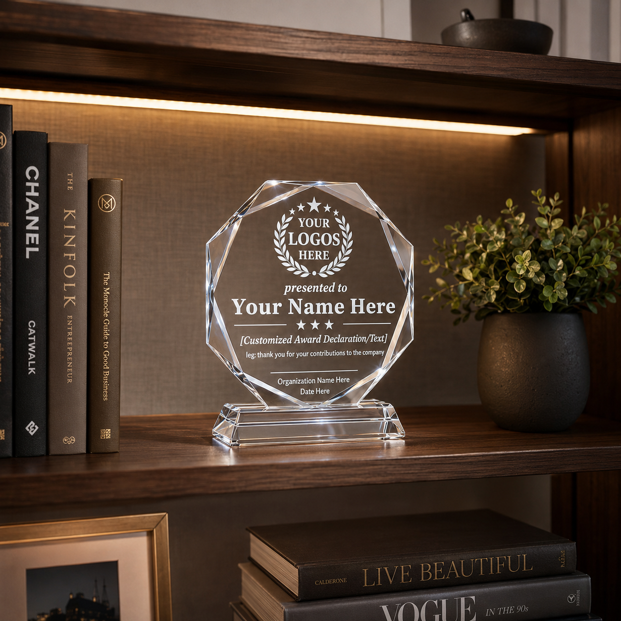 Personalized Octagon Crystal Award – 4 Custom Text Designs with Gift Box