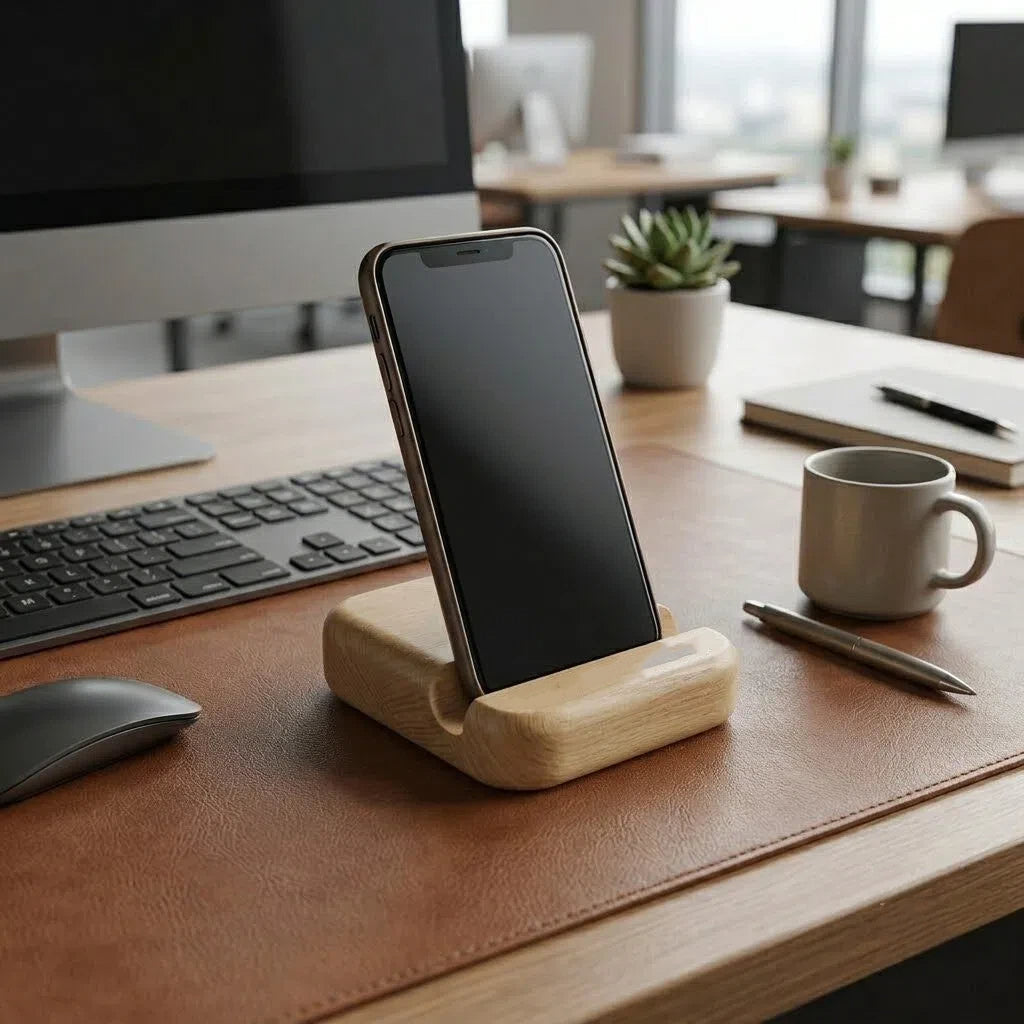 Personalized Wooden Phone Stand – Custom Logo or Text Desk Holder