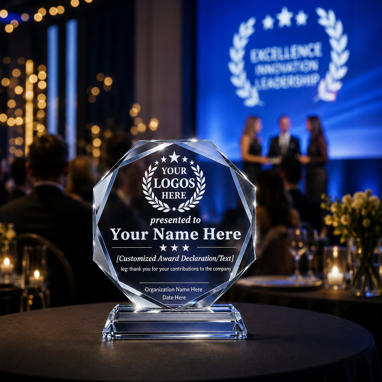 Personalized Octagon Crystal Award – 4 Custom Text Designs with Gift Box