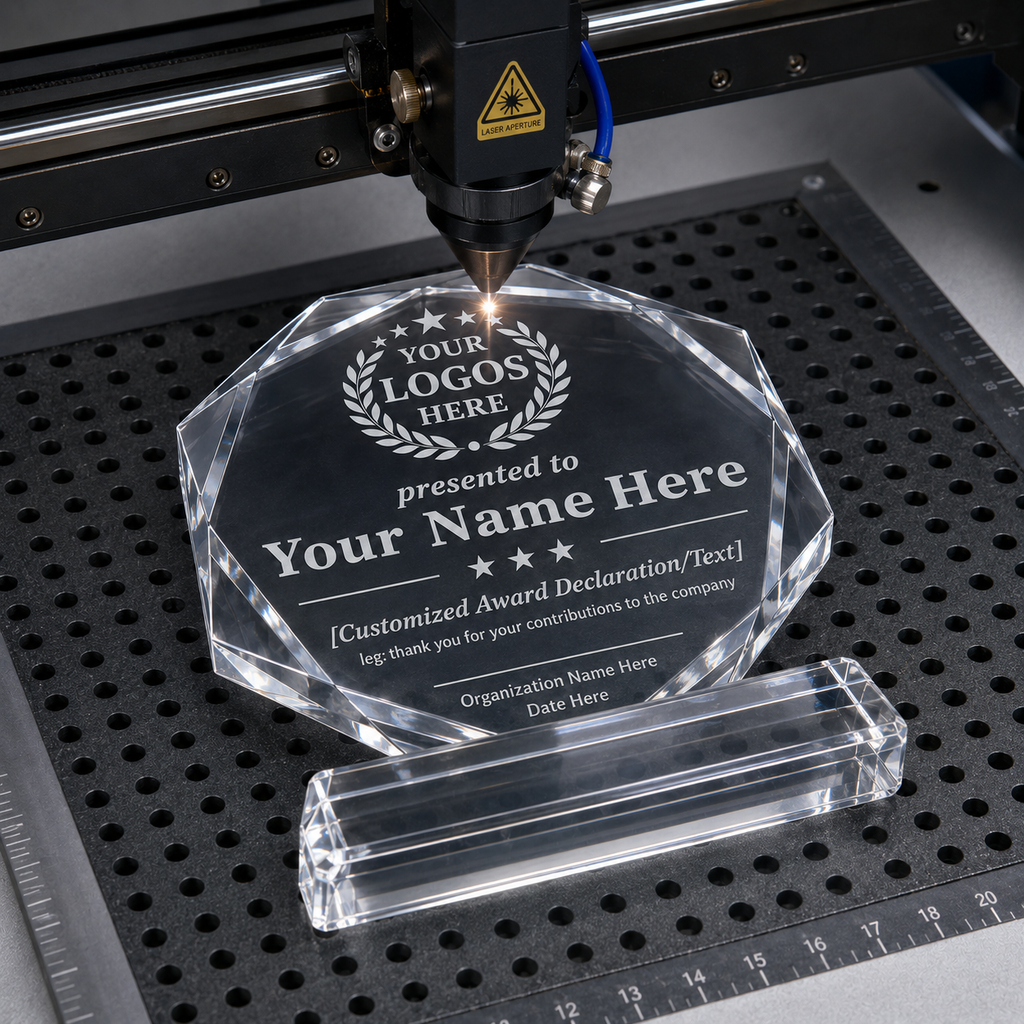 Personalized Octagon Crystal Award – 4 Custom Text Designs with Gift Box