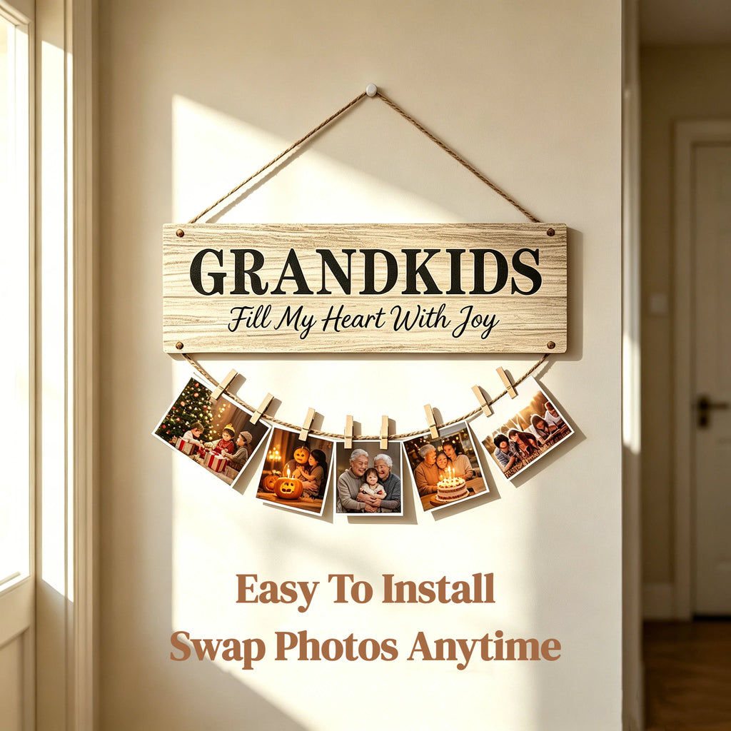 Personalized Hanging Photo Display – Custom Wooden Sign with 8 Clips