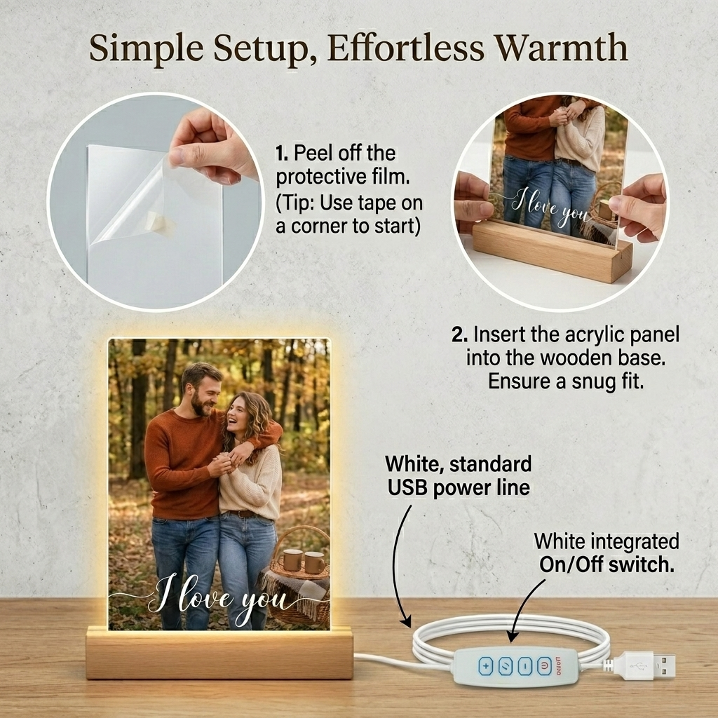 Personalized Acrylic Photo Night Light with Wooden LED Base