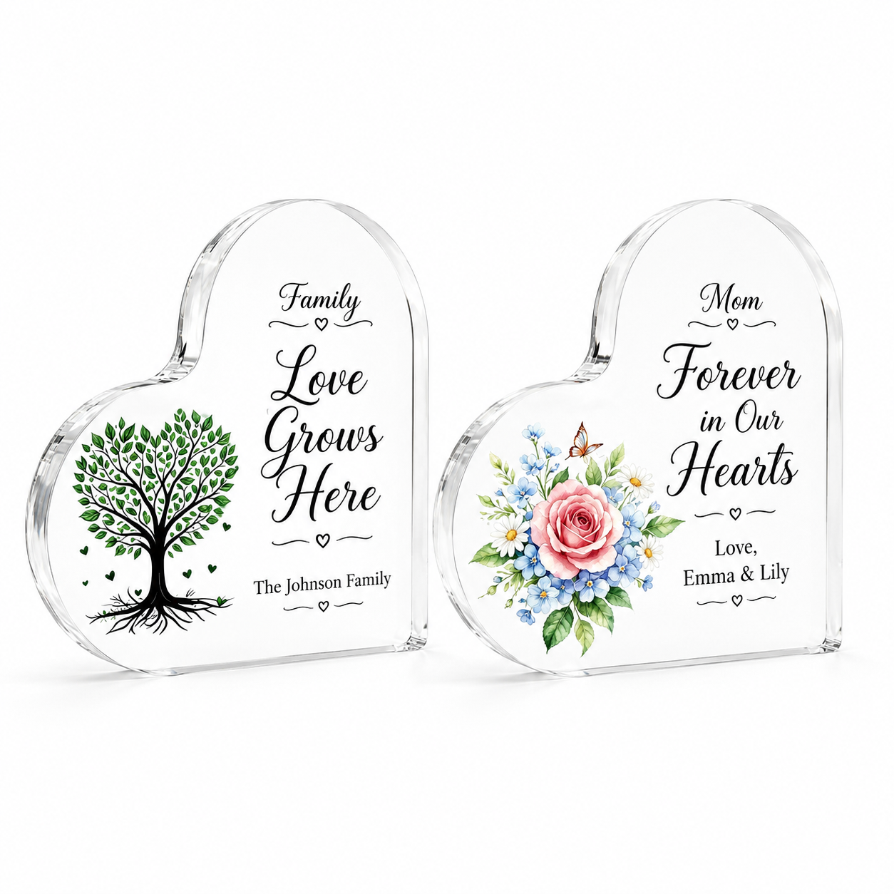 Personalized Heart Acrylic Plaque – Custom Text Family Tree or Floral Gift