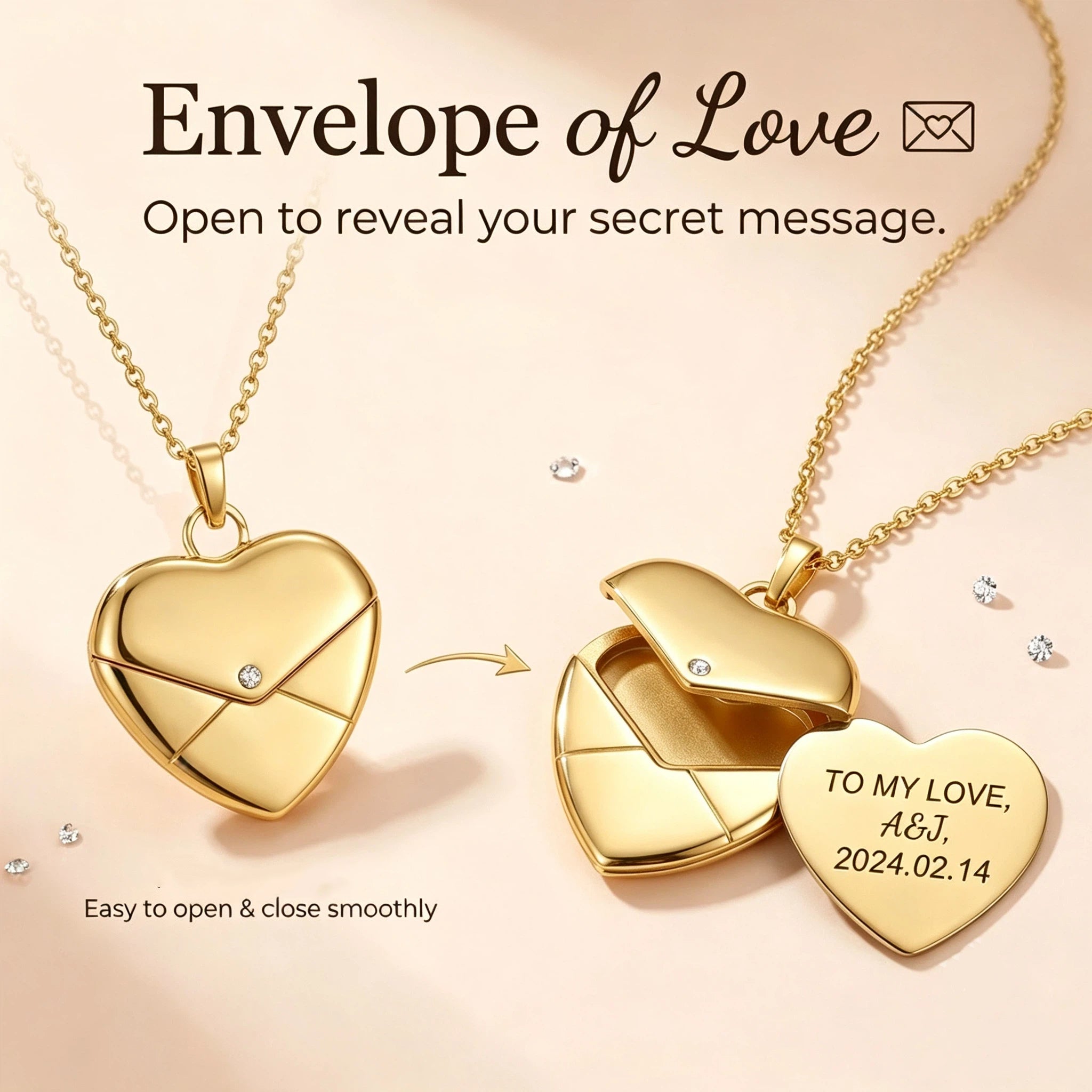 Personalized Gold-Tone Heart Locket Necklace – Custom Laser Engraved Message Gift for Her