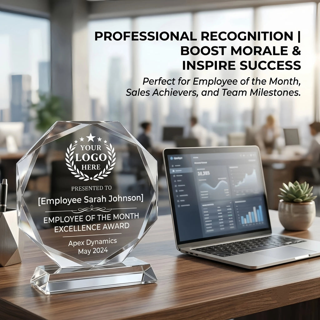 Personalized Octagon Crystal Award – 4 Custom Text Designs with Gift Box