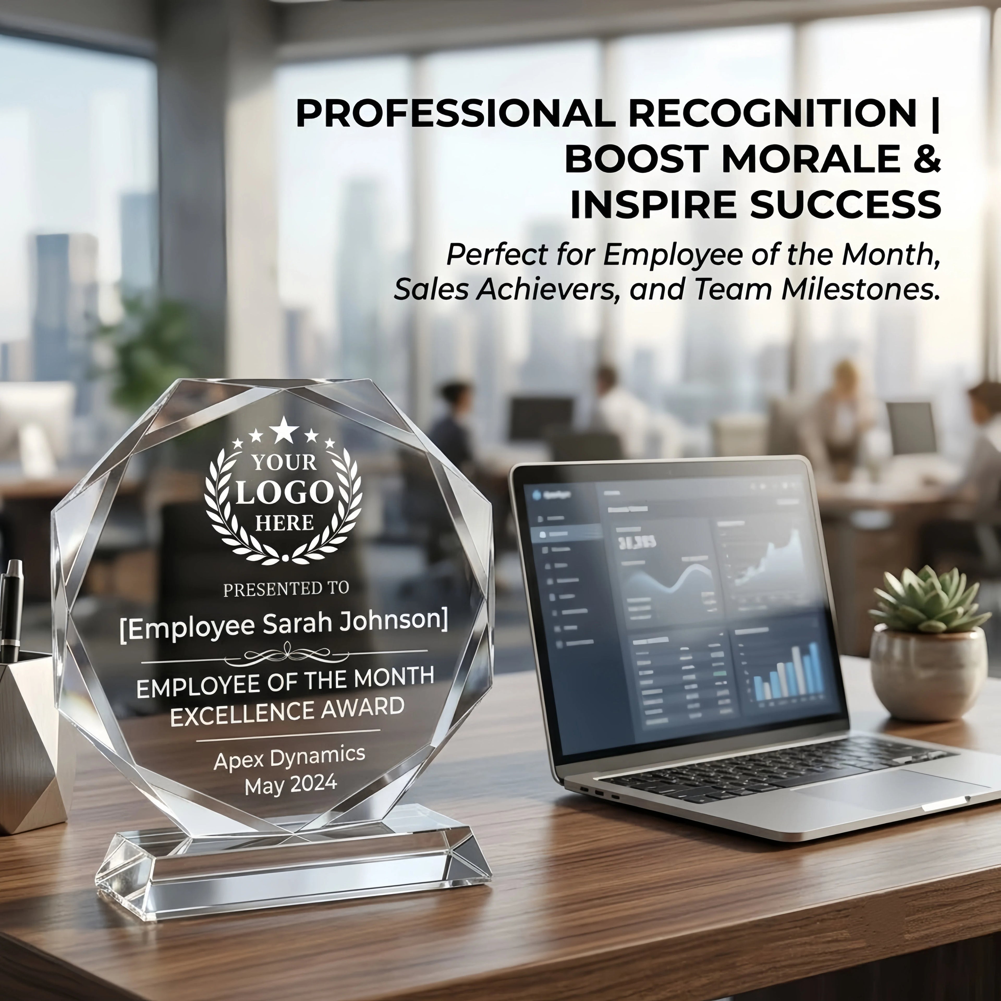 Personalized Octagon Crystal Award – 4 Custom Text Designs with Gift Box